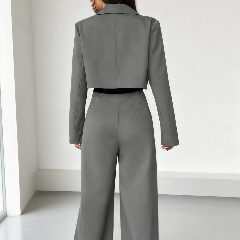 Grey Elegant Women's Blazer Jacket & Wide Leg Pants 2-Piece Set - Picture 2 of 5